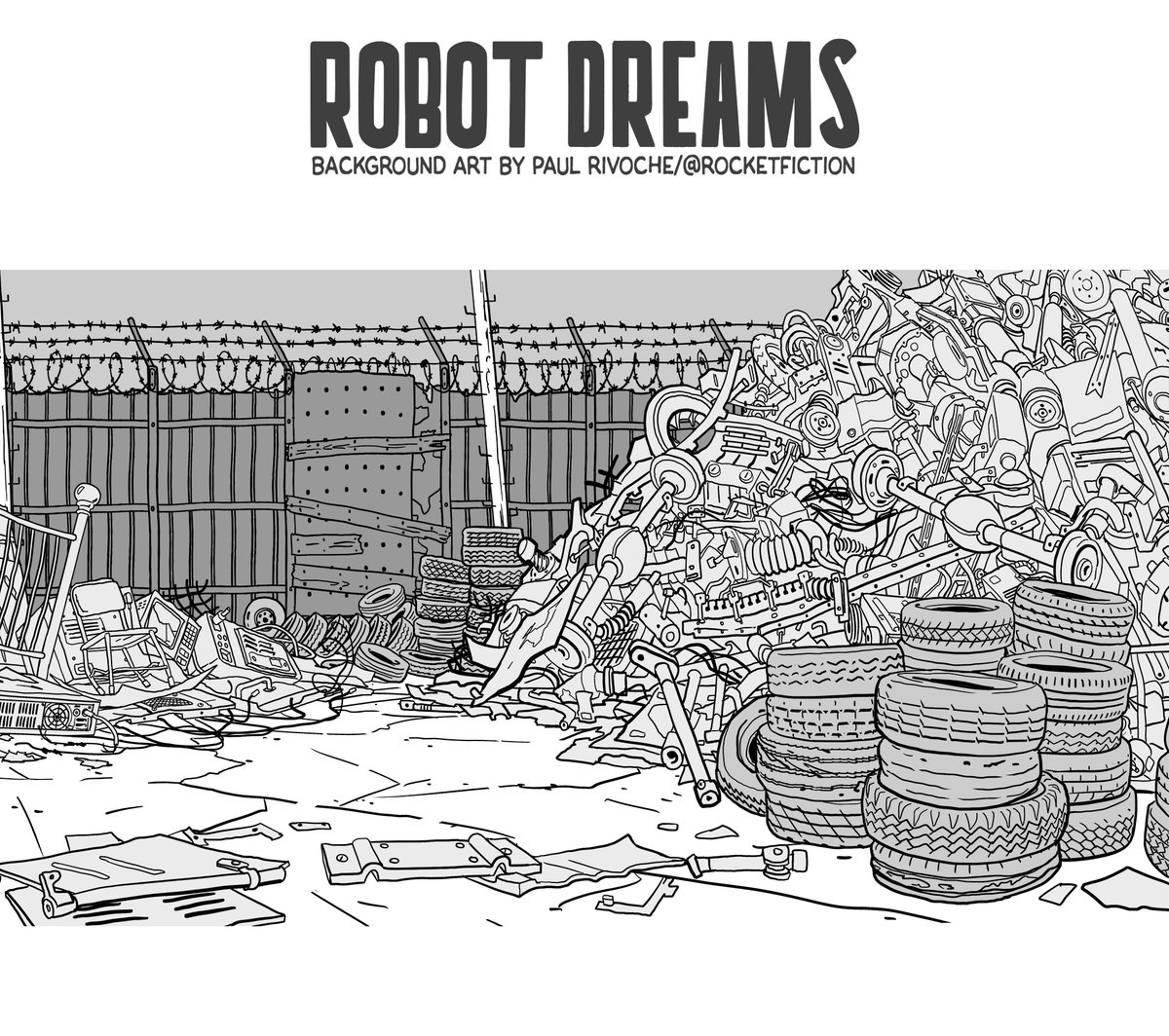 Another complex design from the Scrapyard sequence in #RobotDreams showing elaborate piles of junk. The end of the world for a robot! This design was used in various framings and shots.