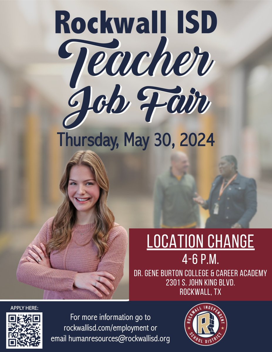 Rockwall ISD (@rockwallschools) on Twitter photo ❗️LOCATION CHANGE❗️
Rockwall ISD Job Fair
🗓 | Thursday, May 30, 2024
🏫 | Dr. Gene Burton College and Career Academy
⏰ | 4 - 6 p.m.
Connect with principals and teachers and learn about our exciting opportunities! See our list of open positions here: rockwallisd.com/employment ❗️LOCATION CHANGE❗️
Rockwall ISD Job Fair
🗓 | Thursday, May 30, 2024
🏫 | Dr. Gene Burton College and Career Academy
⏰ | 4 - 6 p.m.
Connect with principals and teachers and learn about our exciting opportunities! See our list of open positions here: rockwallisd.com/employment