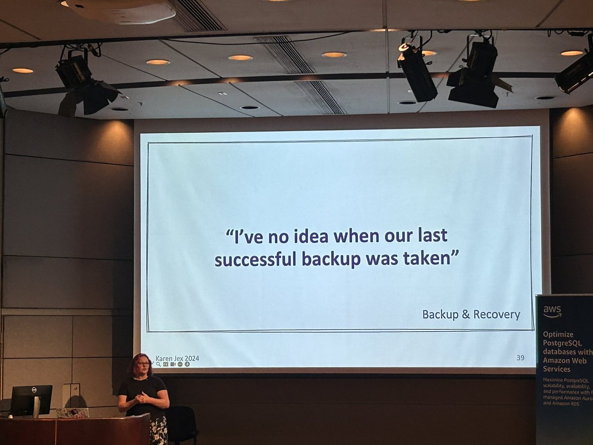 This is it. This is the most horrible story you can get from a customer regarding #Postgres backups.
At @Karenhjex’s talk « how Postgres is misused and abused in the wild ».