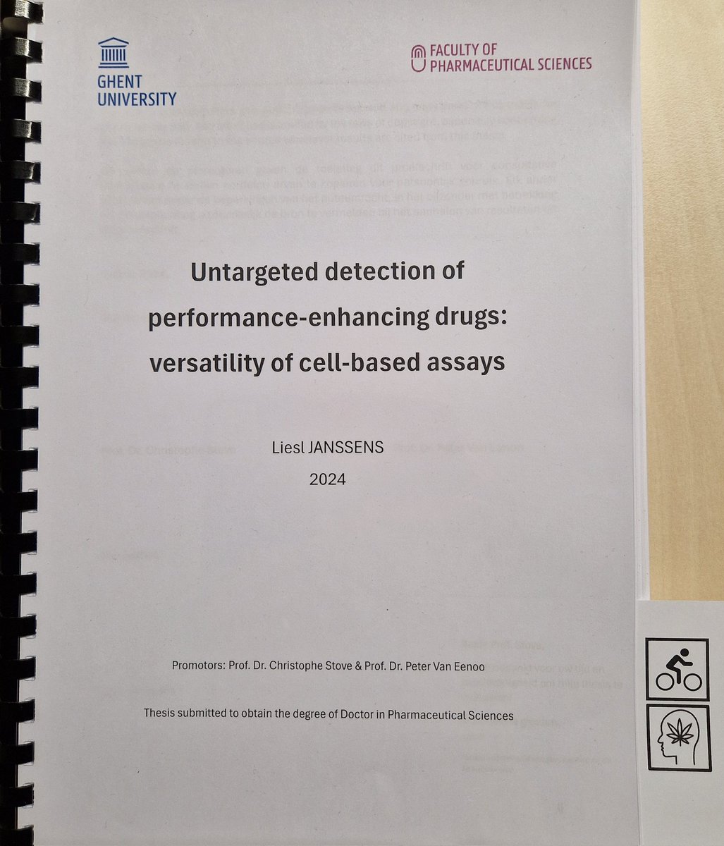 Again PhD submission time 🙂.
@JanssensLiesl is now officially on her way to the closed defense of her PhD (on June 27th).
Title of this >400-page endeavour 📖: 'Untargeted detection of performance-enhancing drugs: versatility of cell-based assays.'
Copromotor: @PeterVanEenoo.