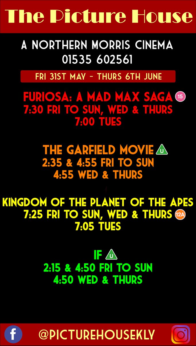 Our Films this week: Fri 31st May to Thurs 6th June...
#Furiosa, #GarfieldMovie, #IFMovie, #KingdomOfThePlanetOfTheApes,