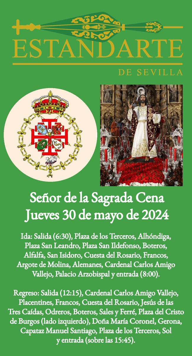 🟢 #EstandarteDS | Este jueves 30 de mayo, salida procesional del Señor de @LaCenaSevilla
#CorpusSevilla24