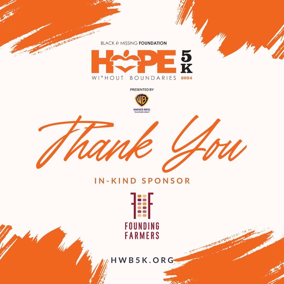 Thank you to in-kind sponsor @FoundingFarmers for generously supporting the Hope Without Boundaries 5K Run/Walk on June 1st (a fundraiser benefiting the Black and Missing Foundation) by donating a gift card for our pre-race raffle!