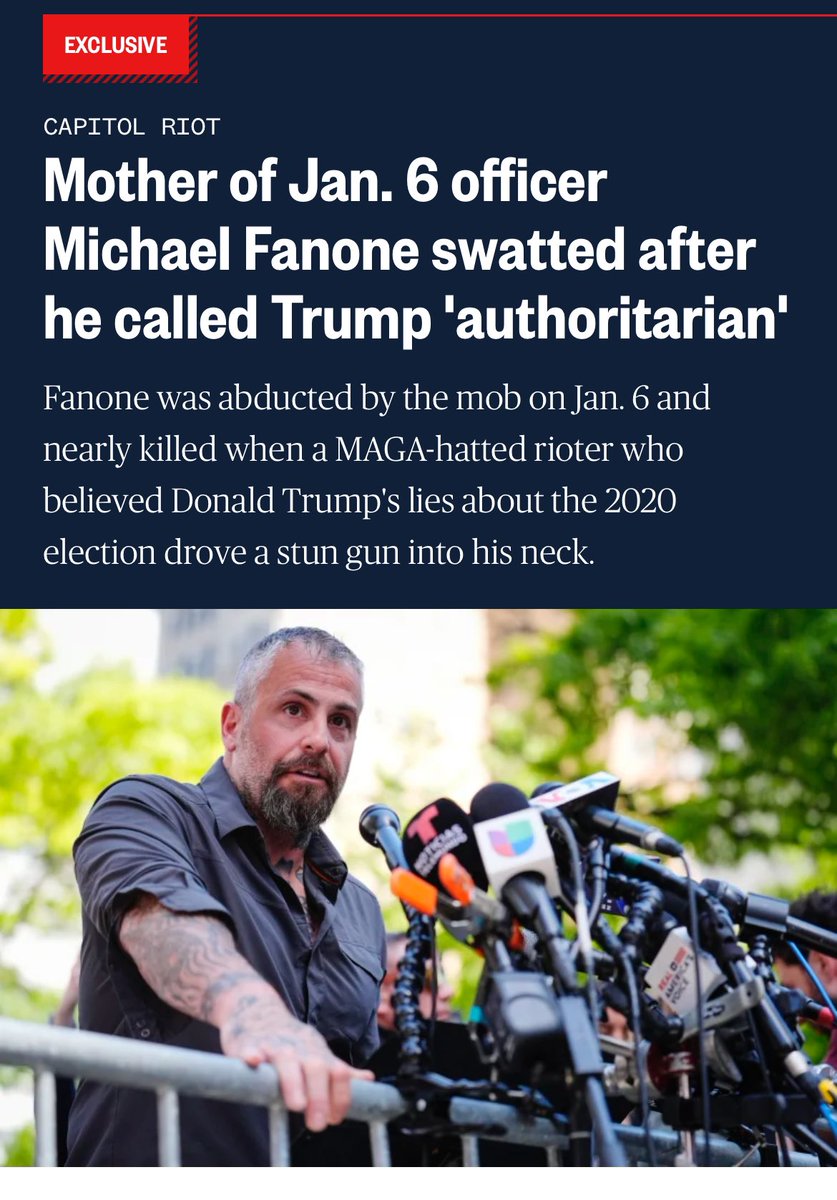 Wow. Michael Fanone’s mother was swatted last night after a fake manifesto was sent around claiming the author “killed their mother and planned to go to the recipient's school on Wednesday and shoot more people. It provided Fanone's mother's home address.”

“‘How dangerous is it