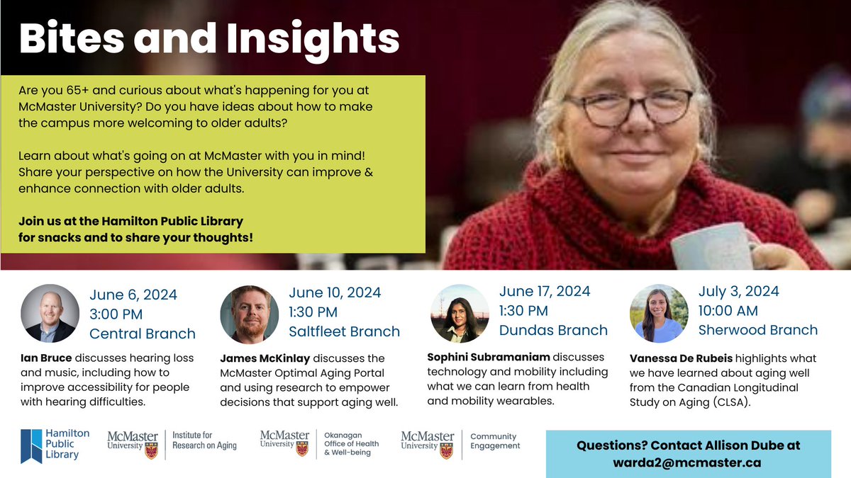 Are you 65+ and interested in what's happening @McMasterU? Share your ideas on making the campus more welcoming to older adults at the Bites and Insights events. Enjoy snacks, hear from researchers, and make your voice heard. Register here: bit.ly/4e1UNSp