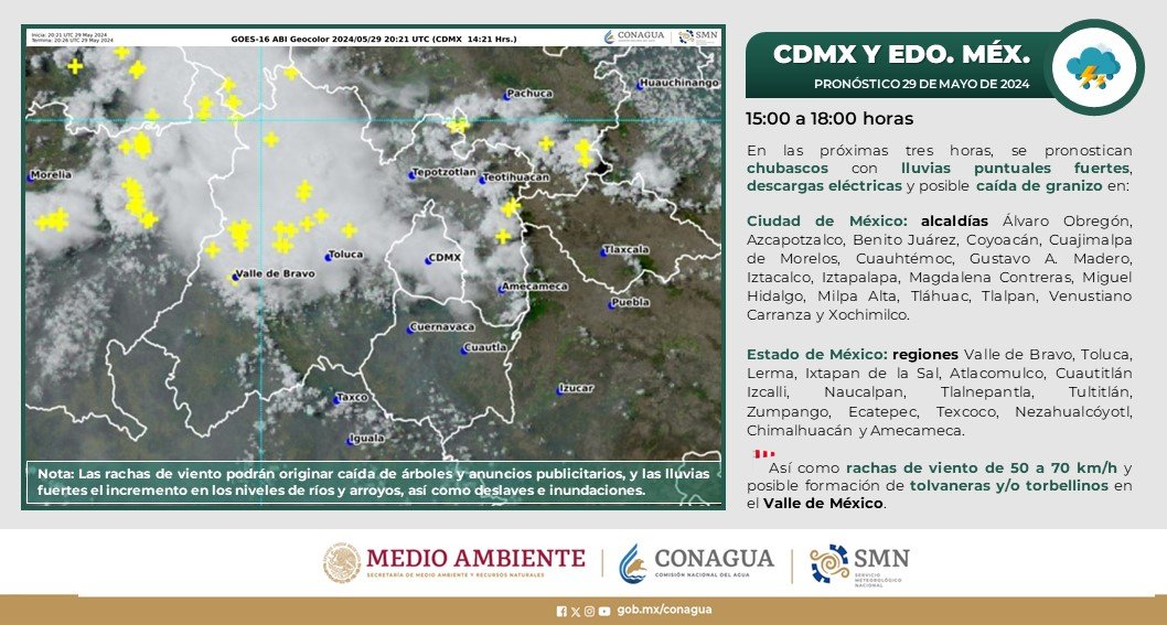 conagua_clima's tweet photo. Para las siguientes horas se prevén #Chubascos con #Lluvias puntuales fuertes en entidades del centro de #México, incluida la #CDMX y el #EdoMéx. https://t.co/bo7USCp7CM