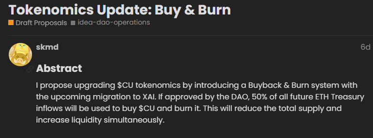 cryptobink's tweet photo. $CU @crypto_unicorns is gearing up for some monster votes with these proposals

✅Buy Back &amp; Burn proposal
✅In-game token burn proposal

With the core game going offline (since yesterday) until $XAI launch, there's also no more game emissions

#CU is a sleeping giant🦄 https://t.co/jGhnNbiVNy