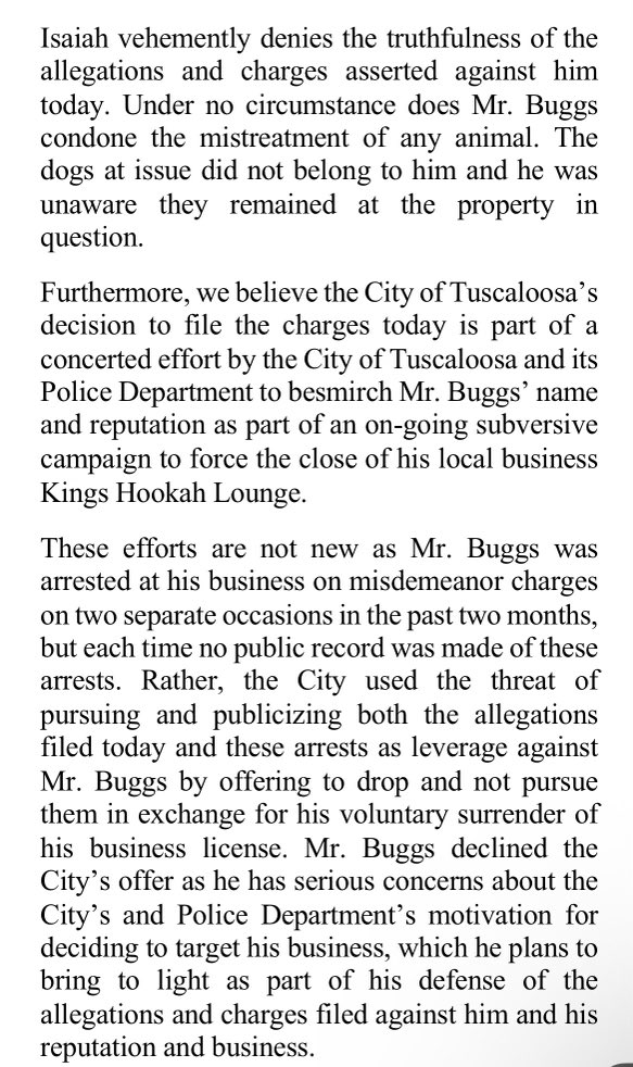 Statement from #Chiefs DL Isaiah Buggs’ agent, Trey Robinson, who says his client has been the subject of police harassment and arrested two times over his refusal to close his Tuscaloosa hookah joint.