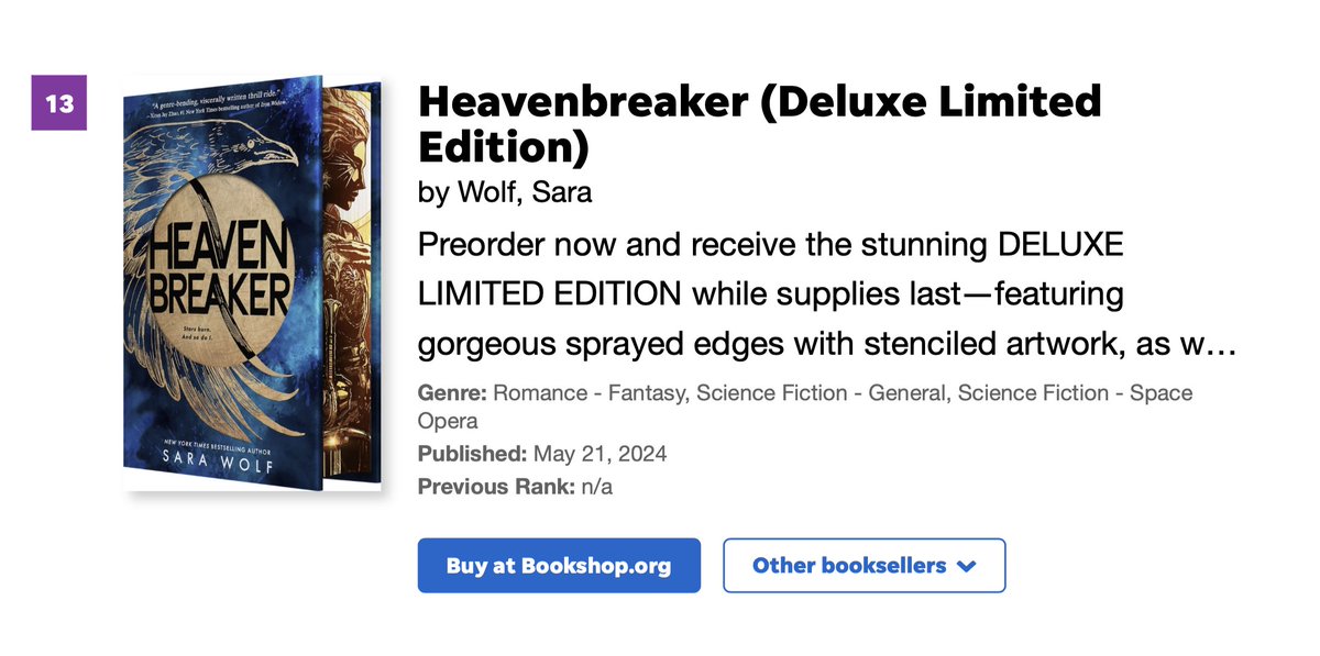 Have you heard? HEAVENBREAKER by <a href="/Sara_Wolf1/">Sara Wolf says HEAVENBREAKER is out!!!!</a> is 13th on the <a href="/USATODAY/">USA TODAY</a> bestseller list! 🐦‍⬛💙✨