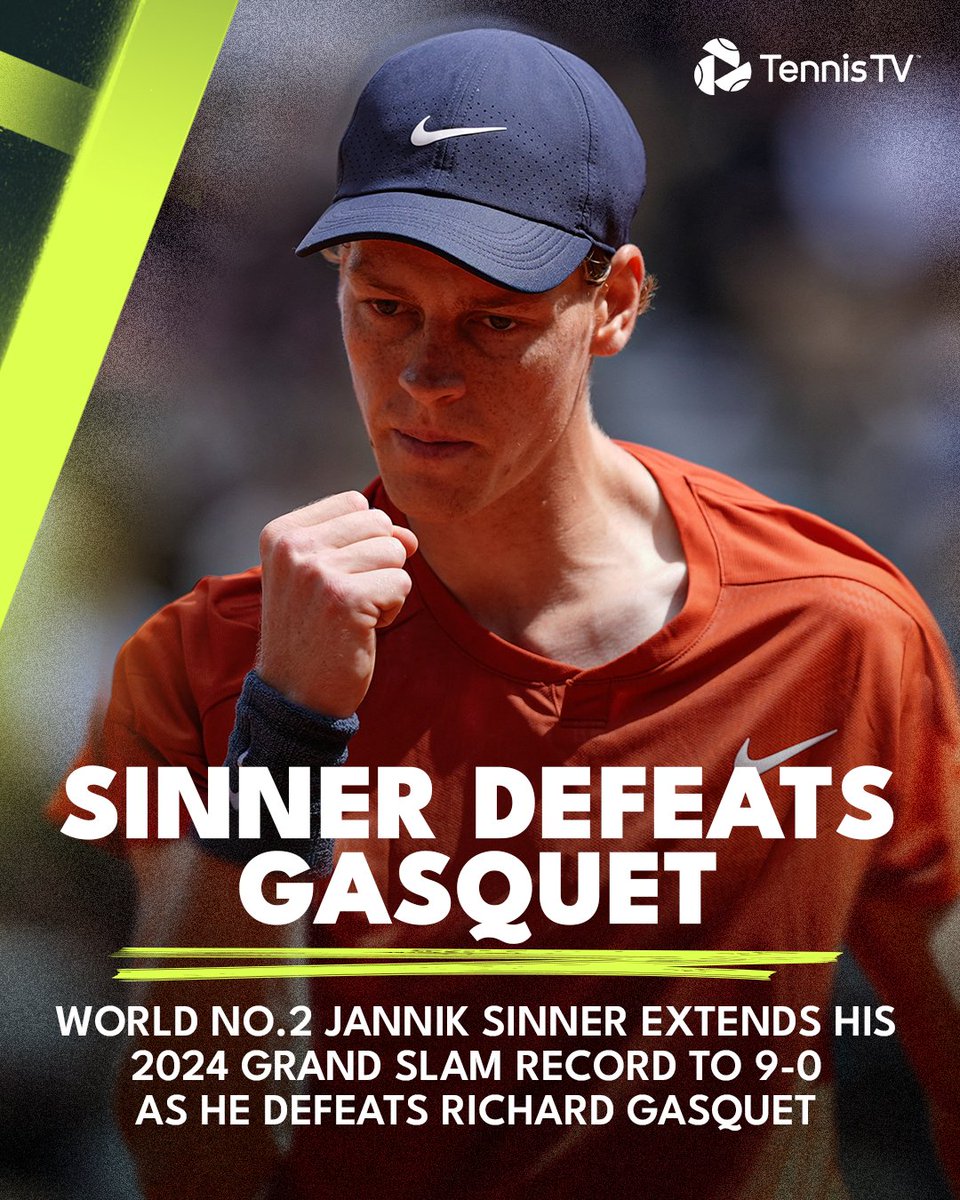 🎶 He's working late, 'cause he's a Sinner 🎶 @janniksin defeats Gasquet 6-4 6-2 6-4 in front of a packed #RolandGarros night session 🌗