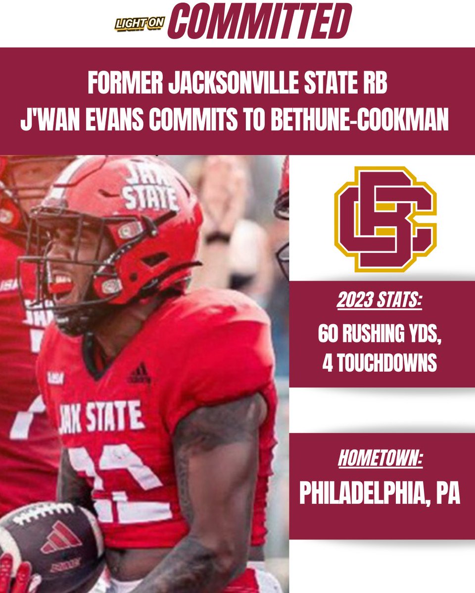 Former Jacksonville State RB J’Wan Evans has committed to Bethune-Cookman, per his social media. 😼🔥 He rushed for 60 yards and 4 touchdowns during the 2023 season. Prior to his lone year with the Gamecocks, Evans played for College of San Mateo (JUCO) and Virginia Tech.