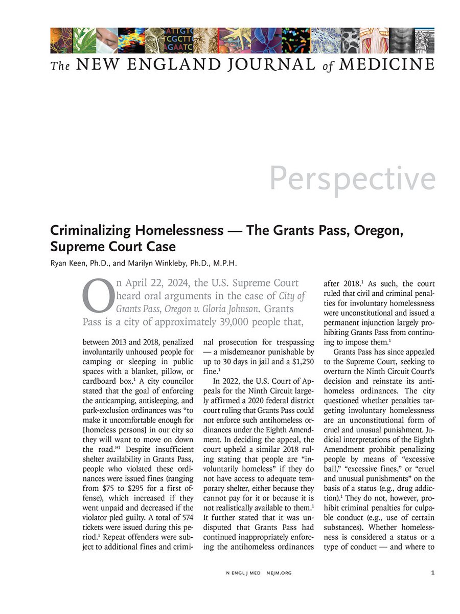 The U.S. Supreme Court is considering a case involving penalties targeting involuntary homelessness. Enabling the criminalization of homelessness could undermine individual and population health. Read the full Perspective: nej.md/3Xj9I55