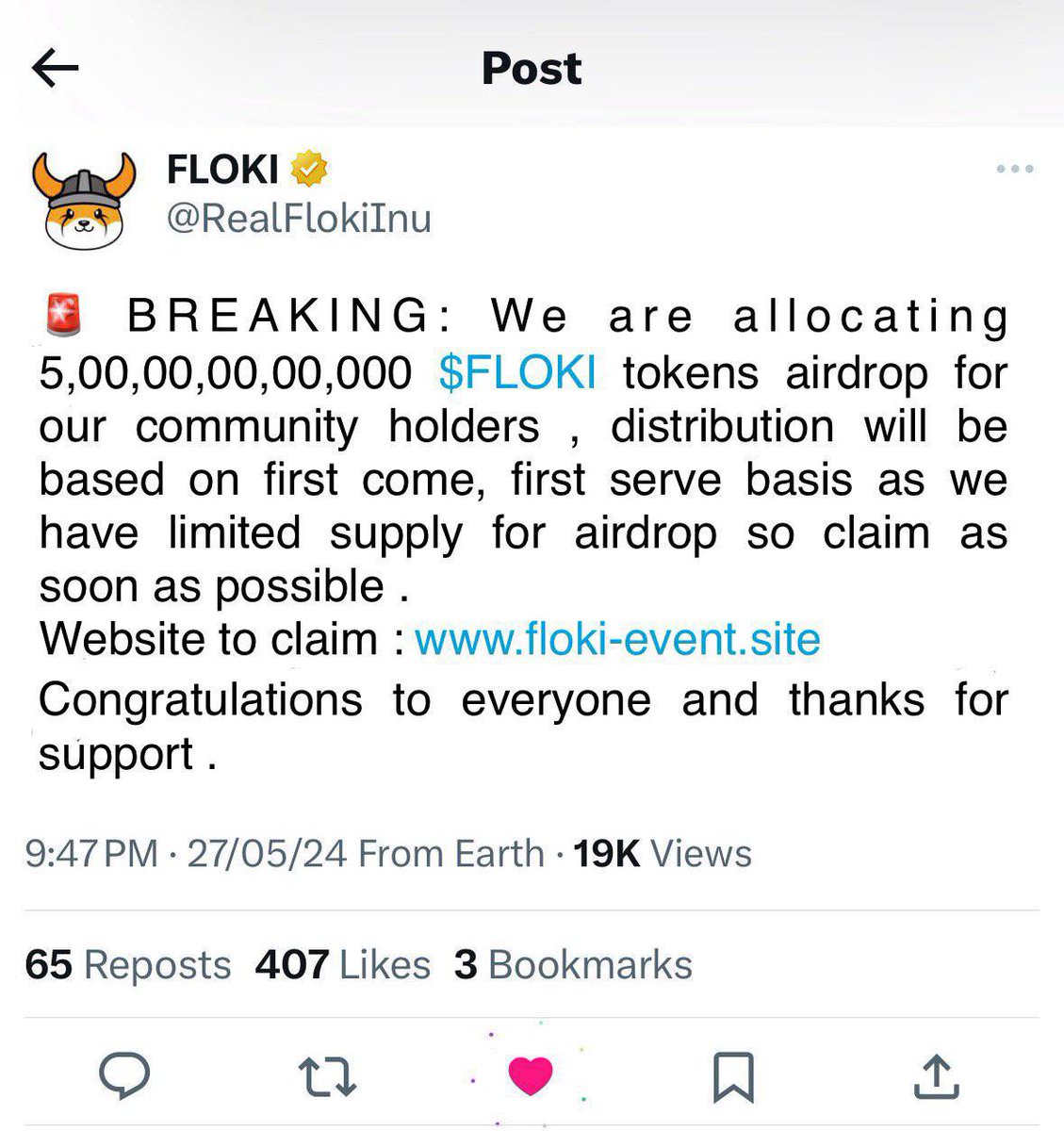 Breaking 🚨🚨 🤩🤩🤩
received 30,00,00,00  $FLOKI TOKENS from their airdrop on Twitter announcement 🥳
🤑🤑 massive don’t be late 

#Floki #crypto #binance                #solana #sol #bnb                #nft #BAYC #trump #czbinance #BITCOIN          #eth #uniswap