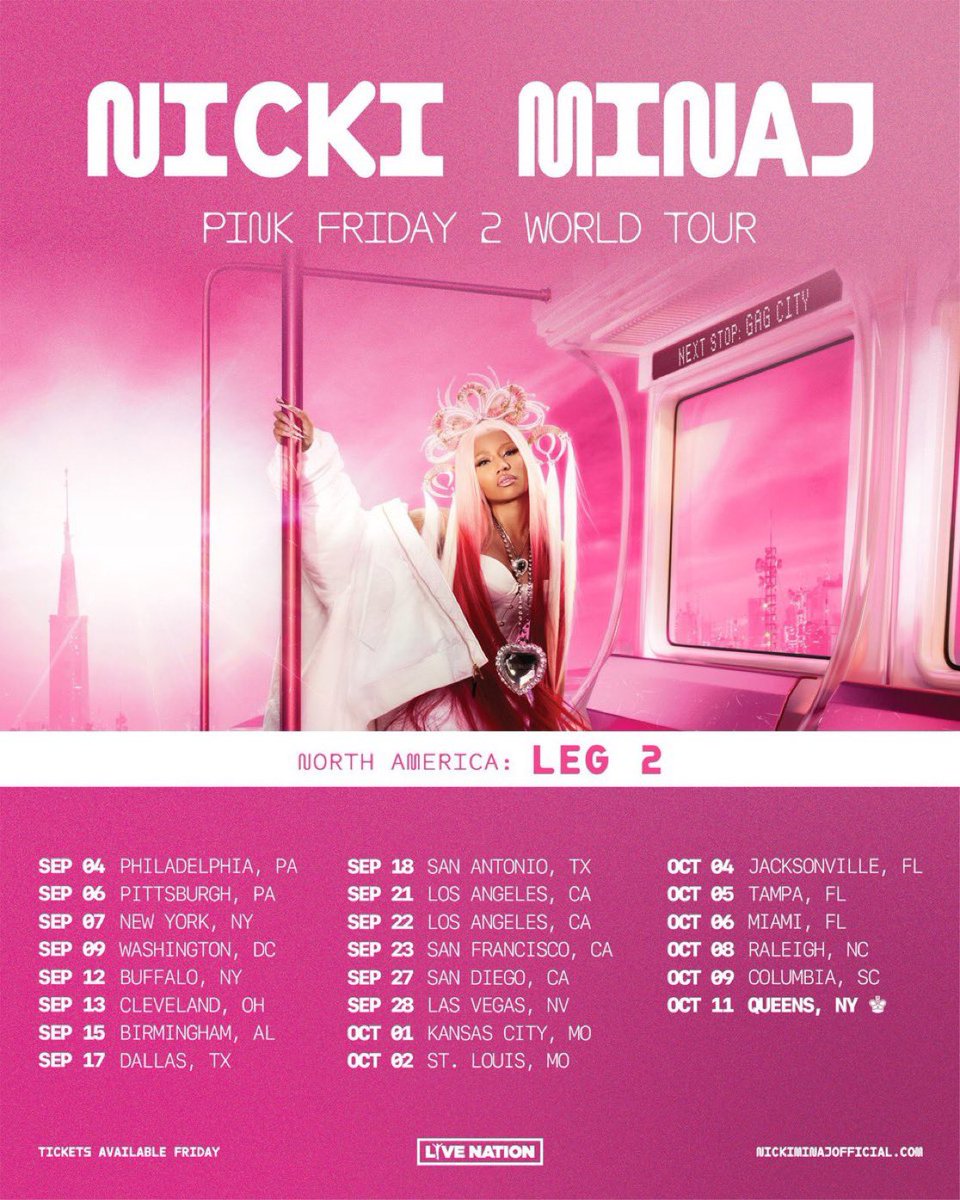 .@NICKIMINAJ's 'Pink Friday 2' aiming for $120-130M from 900,000 tickets in 70 shows. It could challenge #TravisScott's 'Circus Maximus' for the #2 highest-grossing tour by a rapper in history. (via:@touringdata)