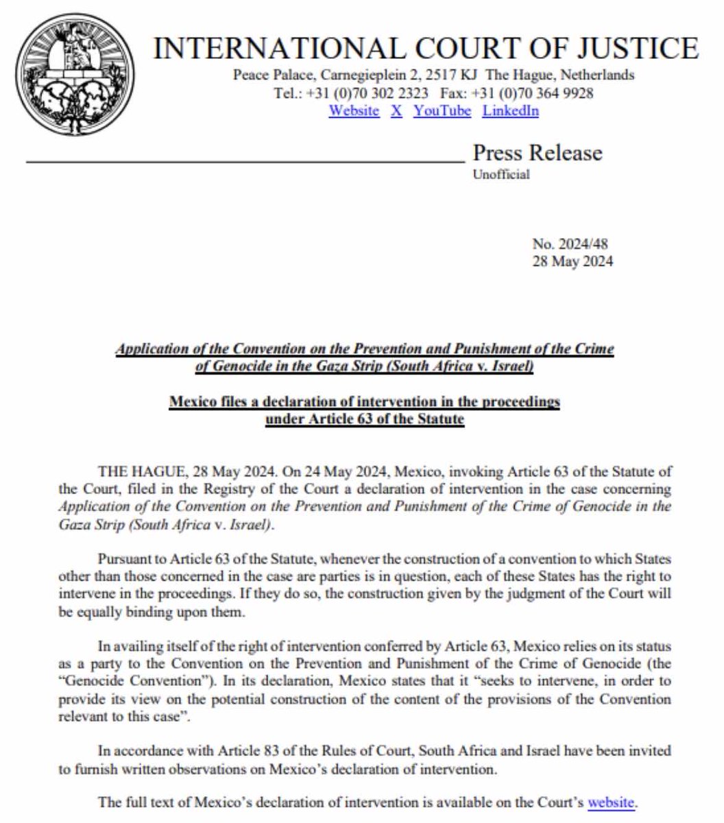 Mexico will not allow the Zionist entity of Israel to subvert the Genocide Convention🇵🇸🇲🇽 Mexico has filed a declaration of intervention in South Africa's case, further affirming its stance against the genocide in Palestine.