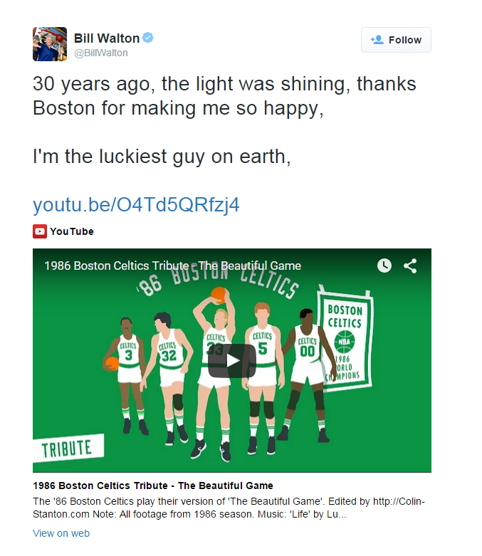 Colin_Stanton's tweet photo. Bill Walton once tweeted my '86 Celtics tribute video, he even personally sent me an email.  Later, I discovered that he sent the video to his son Luke, when he became the Golden State Warriors' interim coach. Serendipitously we crossed paths one day in San Diego. BW Forever. https://t.co/108A5AOYi4