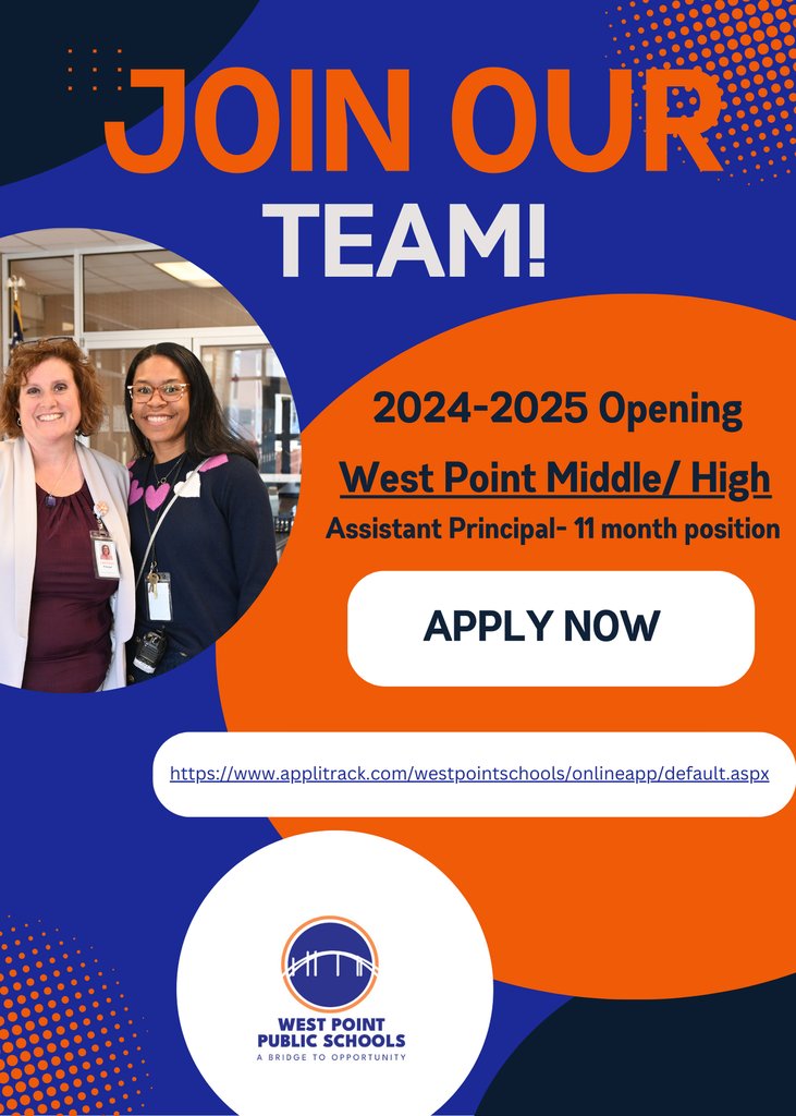 Are you ready to make a lasting impact in education? West Point Middle High School seeks a dynamic individual to join our team as Assistant Principal! Apply today!
applitrack.com/westpointschoo…