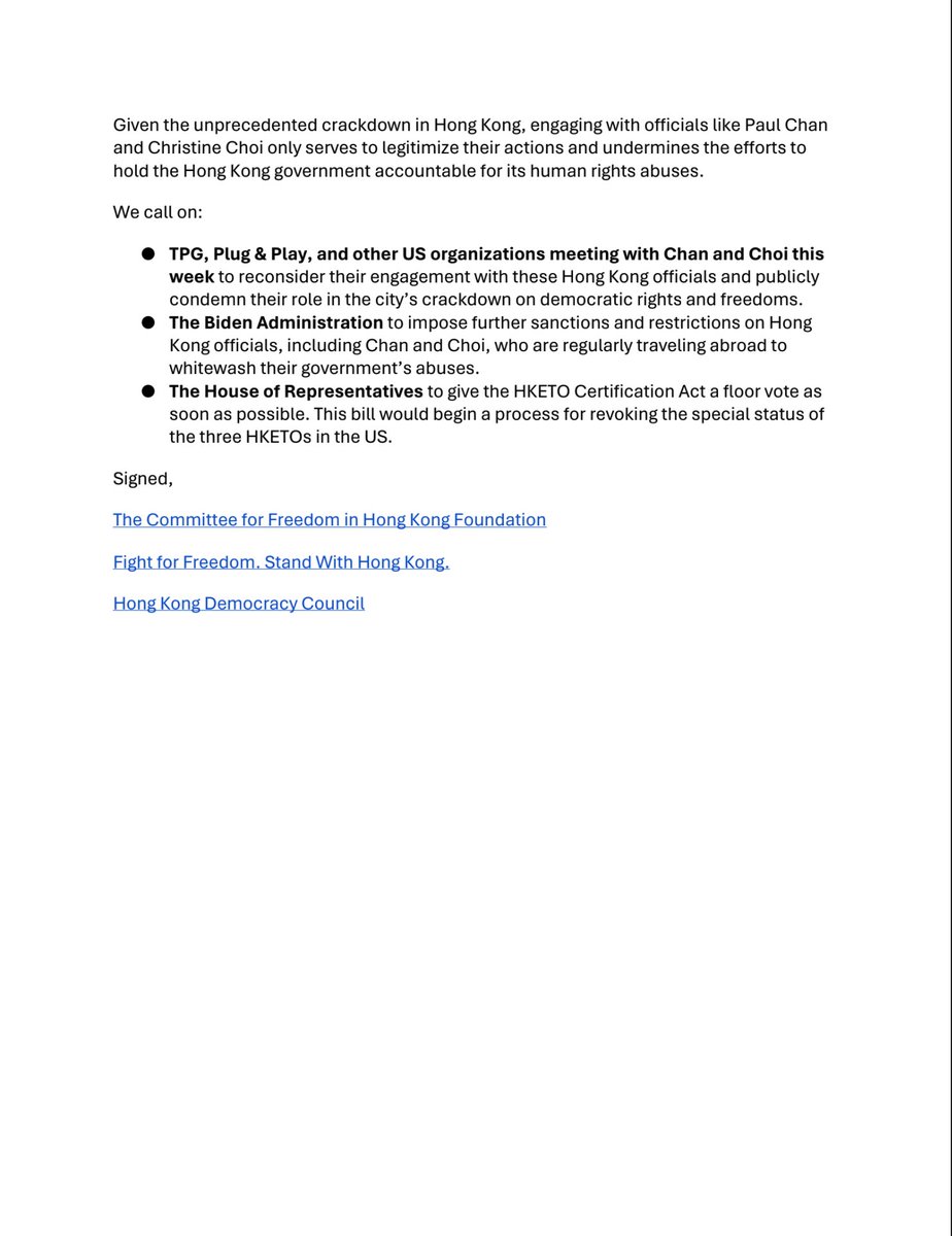 SamuelBickett's tweet image. 1/5 New Hong Kong advocacy orgs statement: astoundingly inappropriate decision by US venture capital execs from @tpg &amp;amp; @PlugandPlayTC to meet with HK Financial Secretary Paul Chan on HK investment in the same week of the Hong Kong 47 trial verdicts &amp;amp; 7 new sedition arrests.