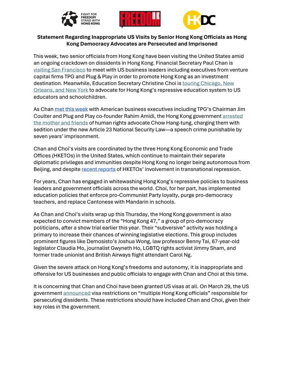 SamuelBickett's tweet image. 1/5 New Hong Kong advocacy orgs statement: astoundingly inappropriate decision by US venture capital execs from @tpg &amp;amp; @PlugandPlayTC to meet with HK Financial Secretary Paul Chan on HK investment in the same week of the Hong Kong 47 trial verdicts &amp;amp; 7 new sedition arrests.