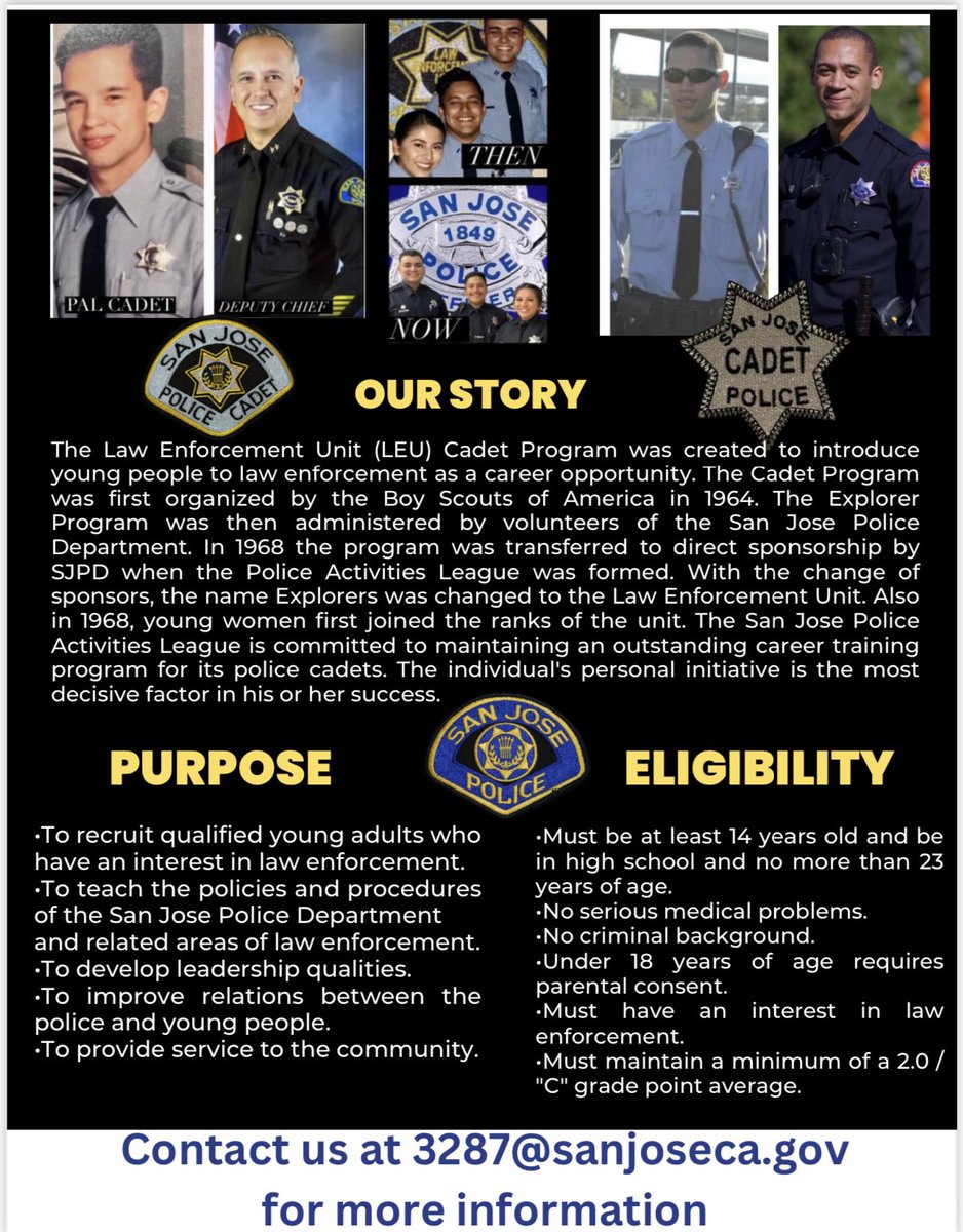 The SJPD Cadet Program was created to introduce young people to law enforcement as a career opportunity. We have current Officers and even Command Staff who started out as Cadets with SJPD. Know any youths that would be a great fit for the Cadet Program? Apply today and help our