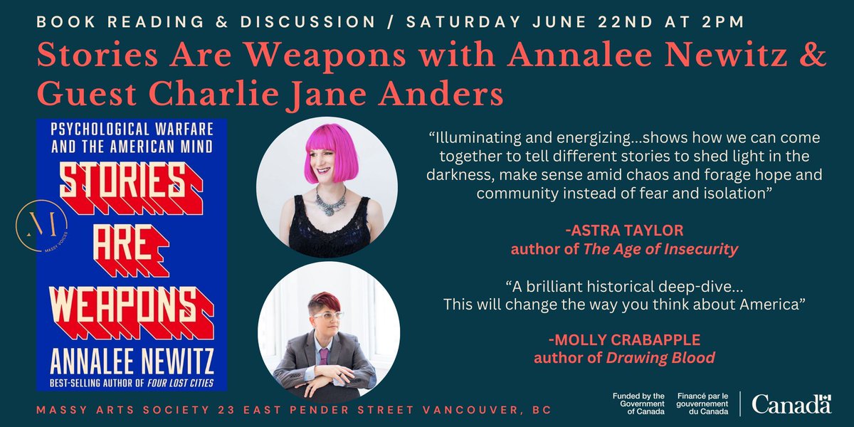 Join Massy Arts, best-selling author Annalee Newitz & guest Charlie Jane Anders June 22nd from 2-4pm for an afternoon of book readings and discussion. bit.ly/4dCgYhT