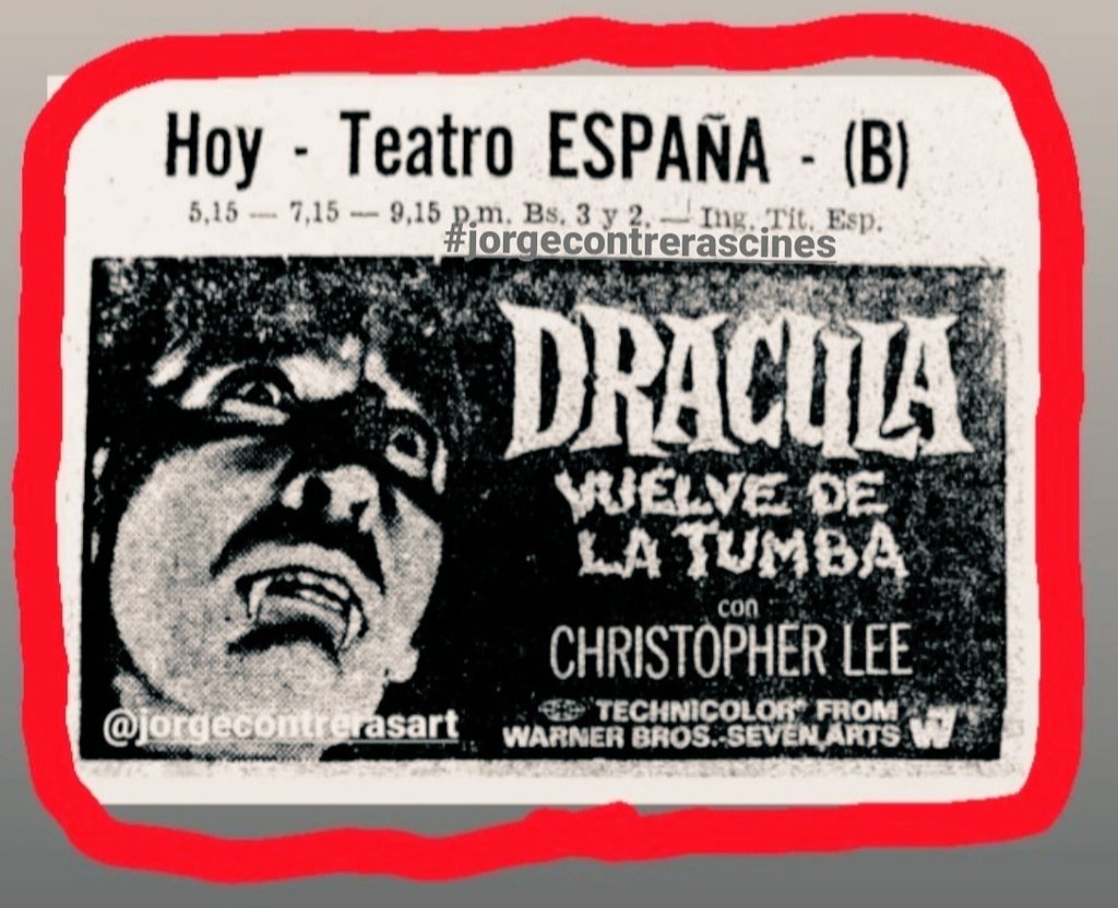 Feliz dia- Quieres ir al cine? Consulta la #CarteleraCinematograficaCaracas Teatro España-(B).Bs.3 y 2 -'Dracula' Vuelve de la tumba- Chistopher Lee. #RecuerdosdeesaEpoca #jorgecontrerascines #cinescaracas #Venezuela #Terror #Dracula #Vampire #caracas #movie #cine
