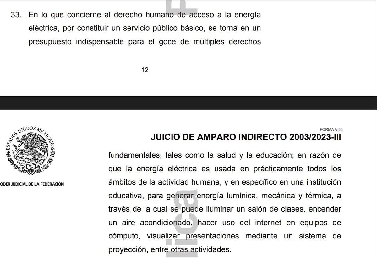 Les comparto esta sentencia sobre el derecho humano a la energía eléctrica. ⚡

Otorgaron un amparo a unos niños para que la CFE les restableciera la luz en su escuela primaria pública.

Joder, esto sí es derecho.

Sentencia pública del portal del @CJF_Mx:
sise.cjf.gob.mx/SVP/word1.aspx…