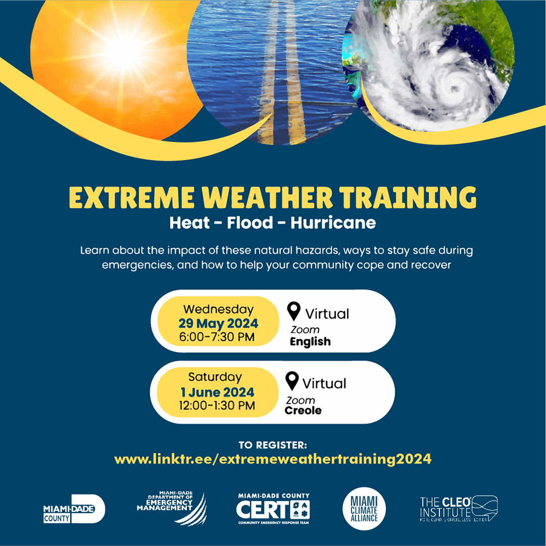 Join us for FREE Extreme Weather Training sessions in partnership with <a href="/MiamiDadeEM/">Miami-Dade County EM</a>, <a href="/MiamiClimate/">Miami Climate Alliance</a>, and <a href="/CLEOInstitute/">The CLEO Institute</a>.

Get trained on the impacts of extreme weather, learn safety tips, and find out how you can help your community recover.☔

📲 Register: spr.ly/6013ejlrN