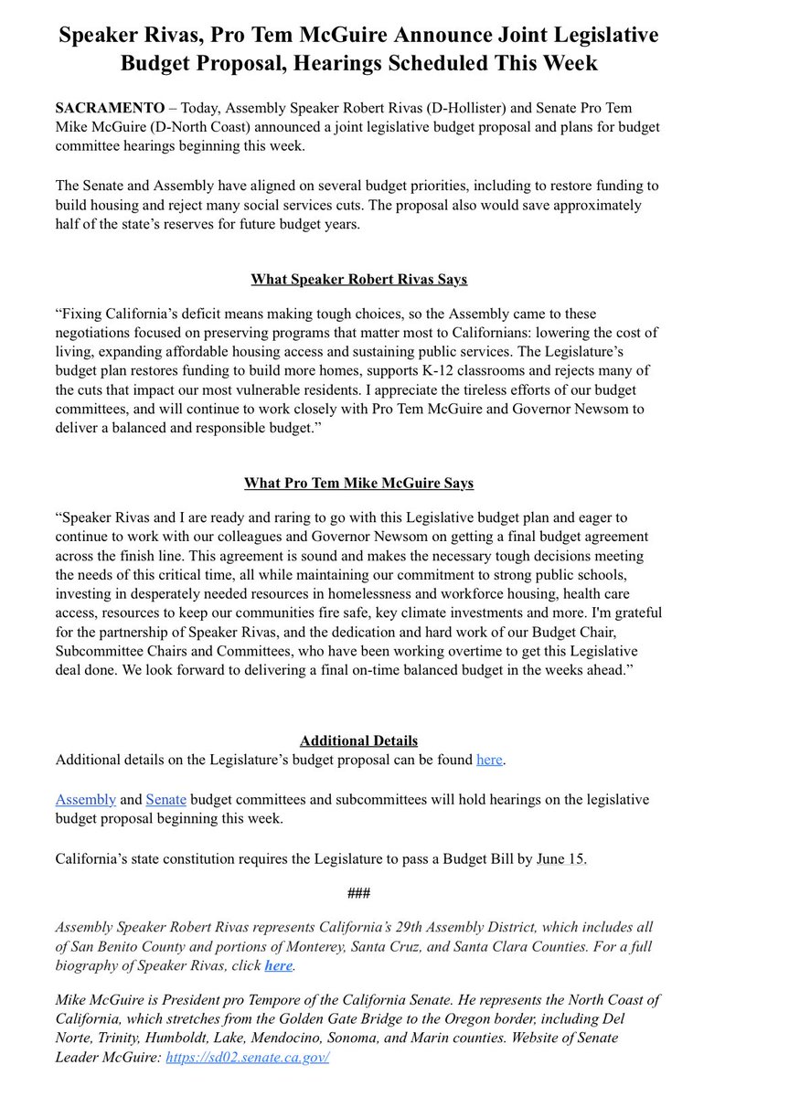 JUST NOW: <a href="/CASpeakerRivas/">Speaker Robert Rivas</a> (D-Hollister) and Senate President Pro Tempore <a href="/ilike_mike/">Mike McGuire</a> (D-Healdsburg) announce budget proposal they vow will “build housing and reject many social services cuts.”

The proposal would save approximately half of CA’s reserves, per Rivas and McGuire.