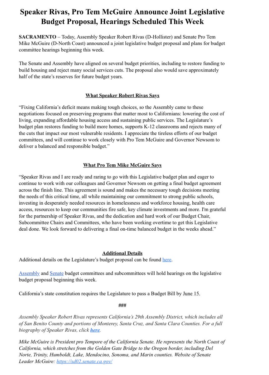 JUST NOW: @CASpeakerRivas (D-Hollister) and Senate President Pro Tempore @ilike_mike (D-Healdsburg) announce budget proposal they vow will “build housing and reject many social services cuts.” The proposal would save approximately half of CA’s reserves, per Rivas and McGuire.