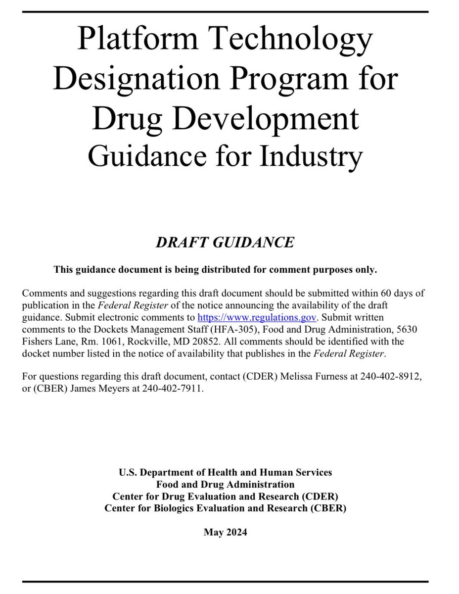 Recent draft guidance from @US_FDA on 'platform technology designation' would enable companies to reuse prior data for future approvals. A small step, a giant leap? We may be entering the 'reusable rocket' era for biotech... 🧬🚀 Draft document: fda.gov/media/178928/d…