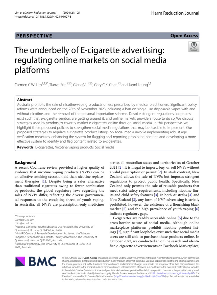 Carmen Lim (@cwernlim) on Twitter photo Although social media
platforms prohibit nicotine product listings, significant loopholes exist such that people are still able to purchase these products.
We proposed several ways to combat covert e-cig marketing on social media platforms. ⬇️
🔗 harmreductionjournal.biomedcentral.com/counter/pdf/10… Although social media
platforms prohibit nicotine product listings, significant loopholes exist such that people are still able to purchase these products.
We proposed several ways to combat covert e-cig marketing on social media platforms. ⬇️
🔗 harmreductionjournal.biomedcentral.com/counter/pdf/10…