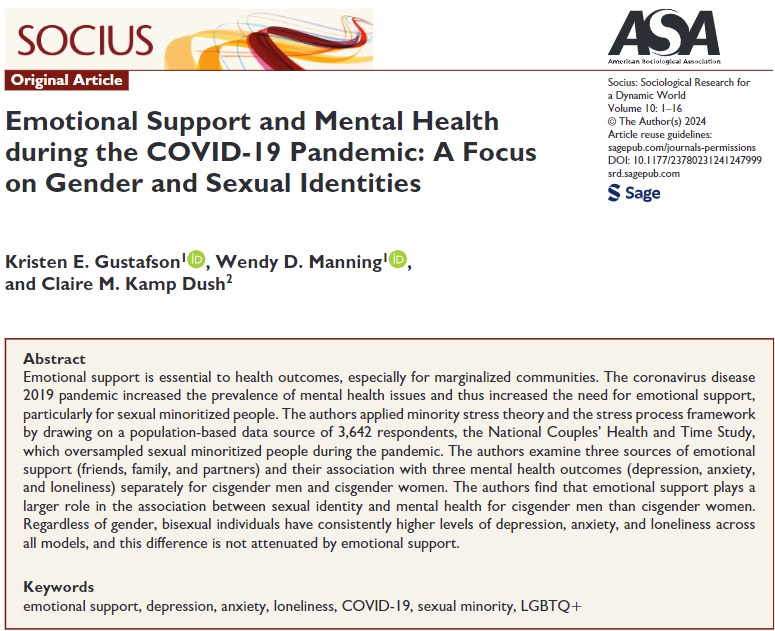 NEW #OA article out now! - 'Emotional Support and Mental Health during the COVID-19 Pandemic: A Focus on Gender and Sexual Identities' by Kristen E. Gustafson, @wmannin, @ClaireKampDush journals.sagepub.com/doi/full/10.11… #openscience