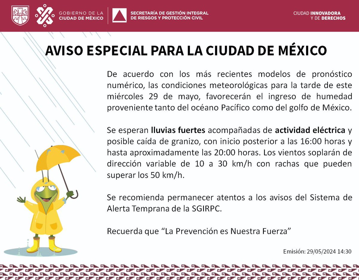 #TOMENOTA 🔴 Emiten aviso especial para #CDMX por lluvias fuertes acompañadas de actividad eléctrica, posible caída de granizo y rachas de viento que podrían alcanzar los 50 km/h.