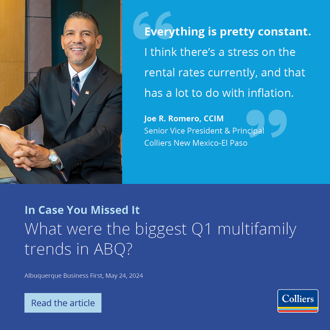 Colliers_NM's tweet photo. #ICYMI... Albuquerque Business First interviewed Joe Romero, CCIM, on the biggest multifamily trends in Albuquerque. Thank You @ABQFirst! Read more about these trends here: https://t.co/qcEbKBUGr5
#CRE #CommercialRealEstate @Colliers_NM #Multifamily #Colliers #ABQ #ColliersTEAM https://t.co/Fd5ekghLqQ