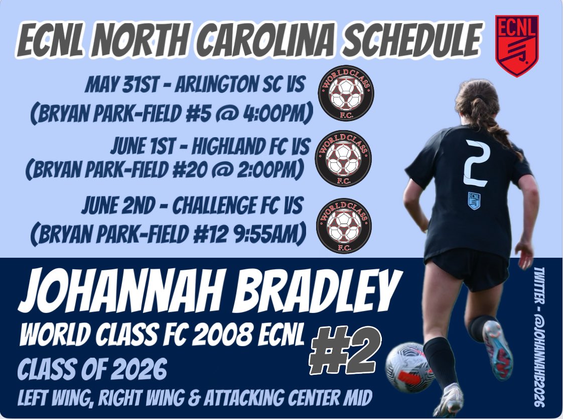 Johannah Bradley (@johannahb2026) on Twitter photo Come watch my team and I play at ECNL North Carolina!!@TopDrawerSoccer <a href="/ImYouthSoccer/">ECNL/GA/Recruiting/College Soccer</a> <a href="/USYNT/">U.S. Soccer YNT</a> Come watch my team and I play at ECNL North Carolina!!@TopDrawerSoccer <a href="/ImYouthSoccer/">ECNL/GA/Recruiting/College Soccer</a> <a href="/USYNT/">U.S. Soccer YNT</a>