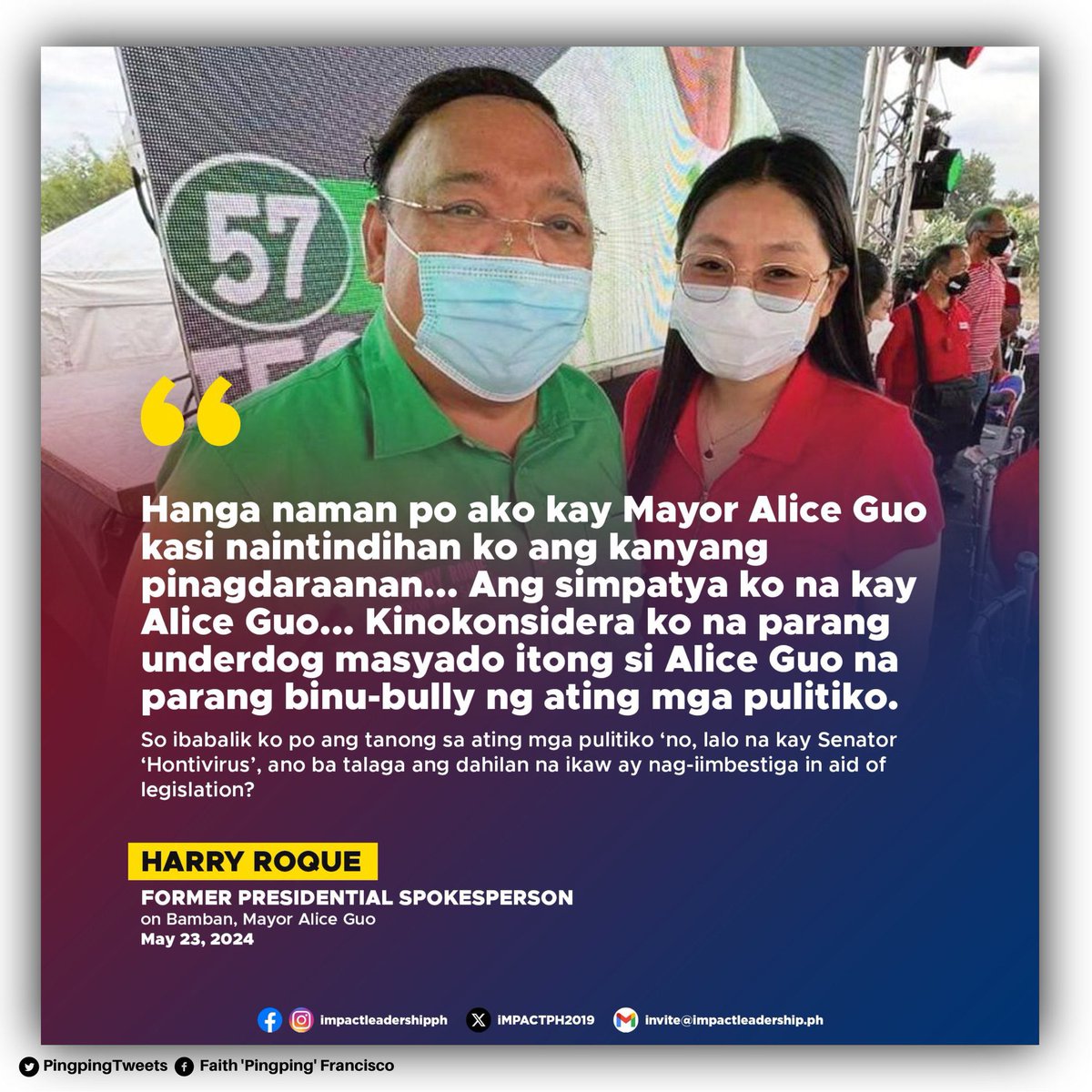 TAENA MO HARRY ROQUE! TAENA NYO MGA DRAMATISTANG PRO- COMMUNIST CHINA na nagsasabing the investigation on Alice in Bambanland is “an attack on Filipinos of Chinese heritage.” Hindi nga ma determine kung talagang may dugong Pinoy yang mayor yan dahil sa kanyang mga conflicting