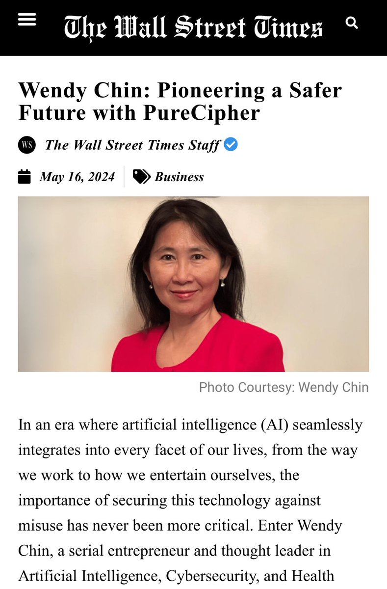 WINNINING WOMEN IN TECH, Wendy Chin, WINS - DAY, it is #ACEmazing CONGRATULATIONS 💃🏾
Award WINNER, @PureCipher disruptor ! Al, Cybersecurity, Health...Salute Asian American and Pacific Islander Heritage Month. WE ALL can WIN, when WE SUPPORT One Another Let's GO ! #WomenWeLOVE