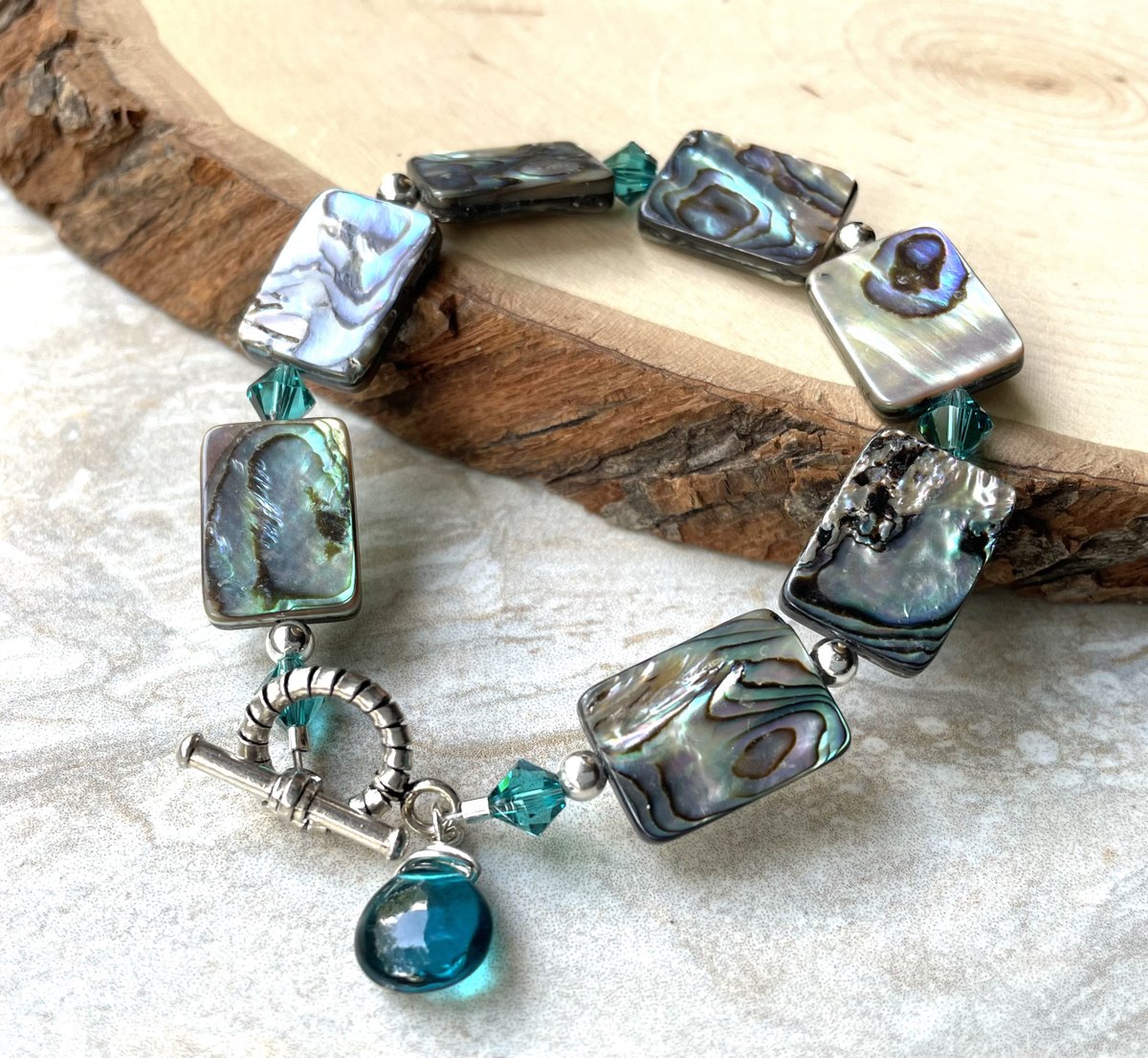 Abalone Sterling Silver Bracelet with Teal Quartz and Swarovski Crystals Toggle Clasp tuppu.net/6560bda6 #Jewelry trends #JemsbyJBandCompany #Handcrafted