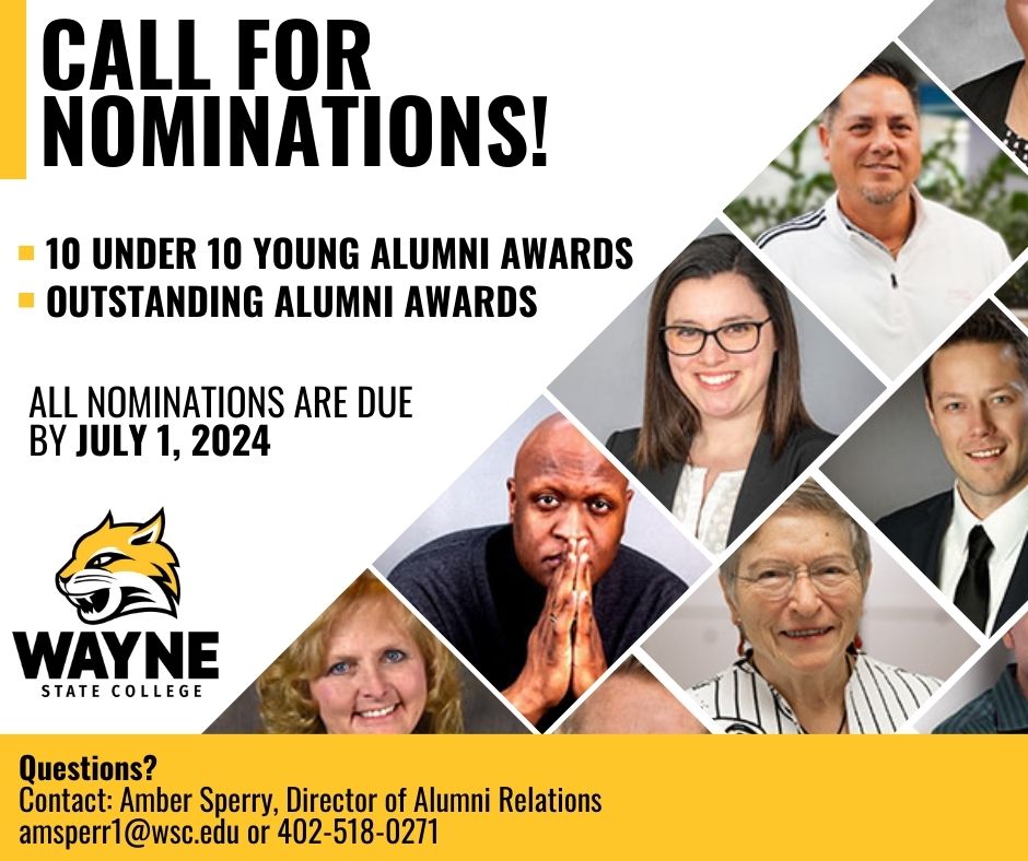 AlumniWSC's tweet image. NOMINATIONS ARE OPEN! Spread the word and nominate a Wayne State College alum today! 

Complete nomination form(s) online:
-10 Under 10 Young Alumni Award: wsc.edu/forms/form/356…
-Outstanding Alumni Award: wsc.edu/forms/form/349…