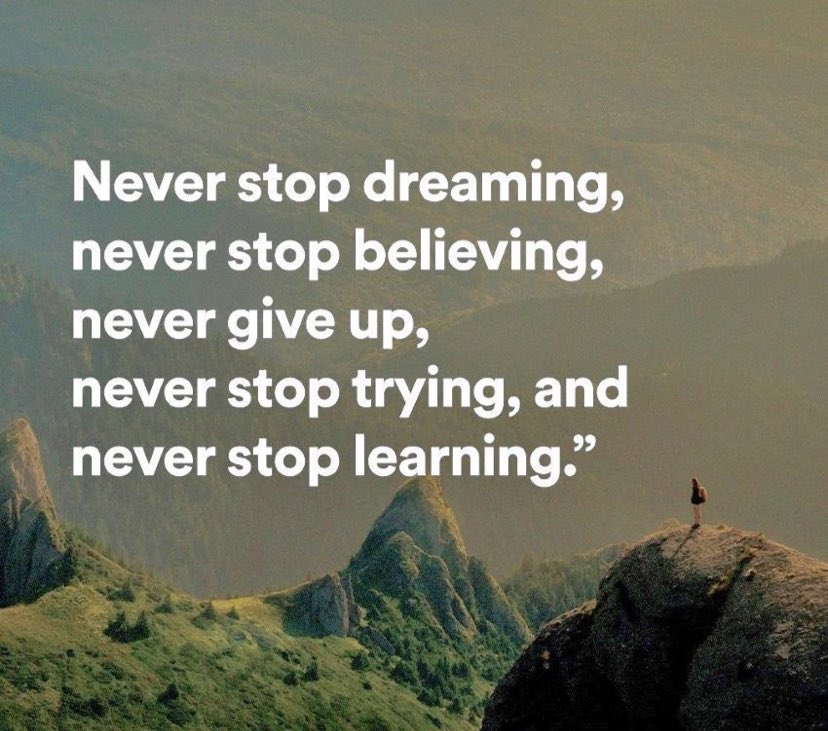Why should you never stop dreaming? Because dreams fuel our passions. Why never stop believing? Because belief gives us strength. Why never give up? Because perseverance brings success. Why never stop trying? Because effort leads to growth. And why never stop learning? Because