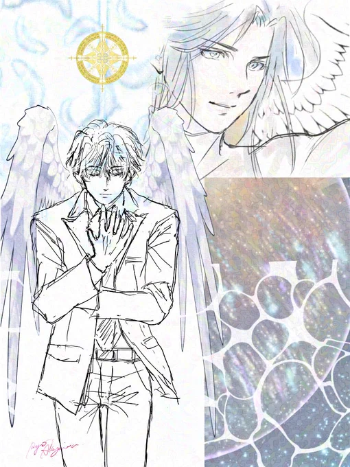 #お前が描いた創作男子を見せろ 
#wip
#イラスト 
主人公と同じ高校生の姿。本来の姿は右上。主人公は一度だけ夢の中でこの姿の彼と出会っているが記憶はない
『この広い蒼空に迷い込んだ子を探している。ーと引き換えたこの歌声はその為に必要なんだ。寂しくないように』

〚きみとぼくの肺の歌〛より 