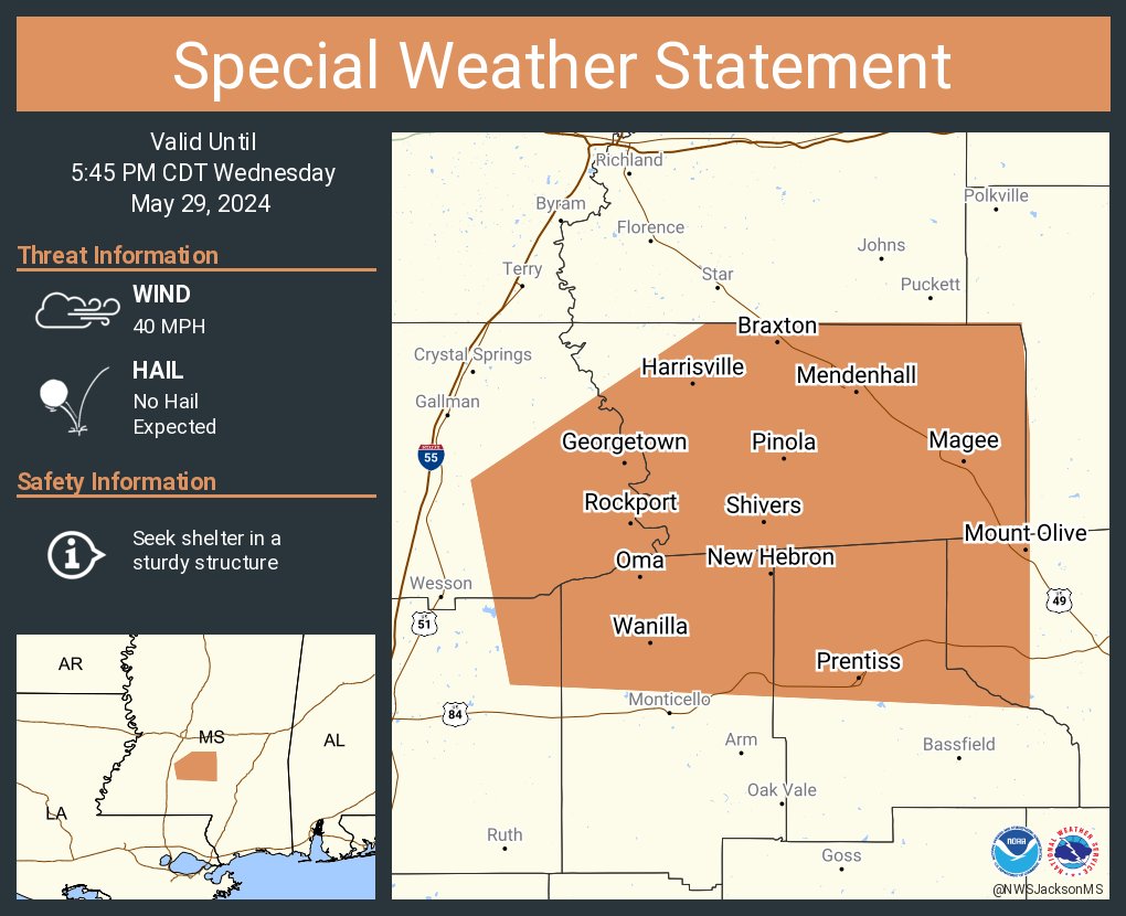 A special weather statement has been issued for Magee MS, Mendenhall MS and Prentiss MS until 5:45 PM CDT