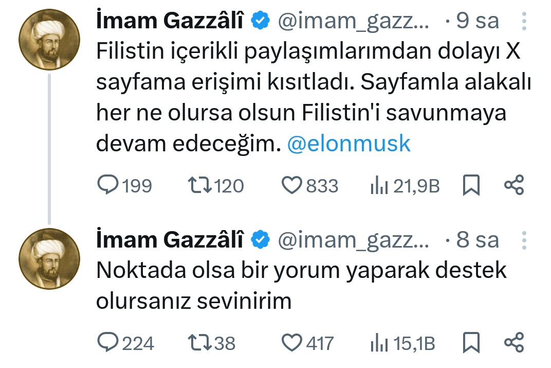 Bu paylaşıma yorum desteği veririseniz çok sevinirim; Filistine destek Tweetleri attığım için sayfam @X platformu tarafından kısıtlandı, kısıtlamanın kalkması için yorum desteğiniz çok önemli.