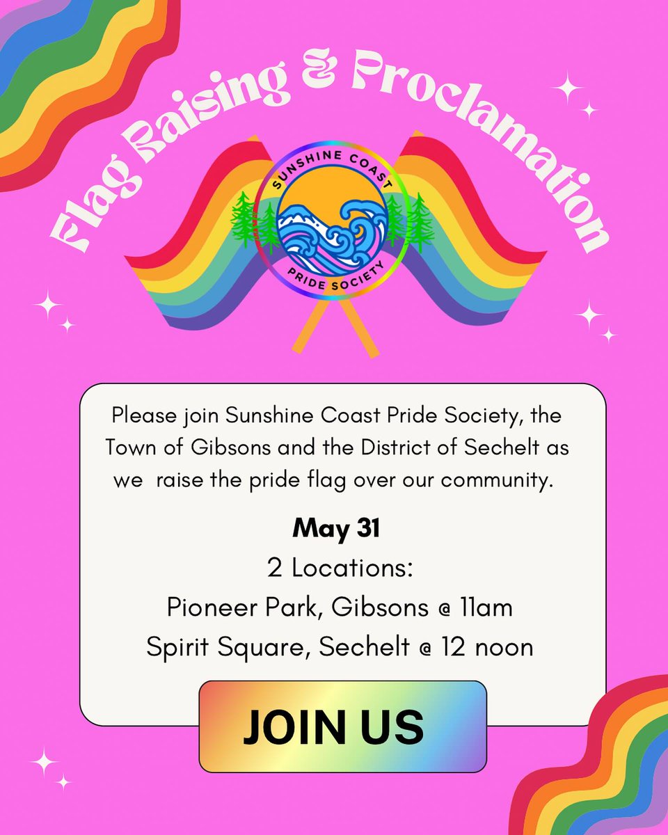 🌈 Join us on May 31st as we raise the flag to recognize Pride Month! 🌈 This year the annual flag raising in Gibsons will take place at Pioneer Park on Friday, May 31st at 11 am. Everyone is welcome to attend. 😃