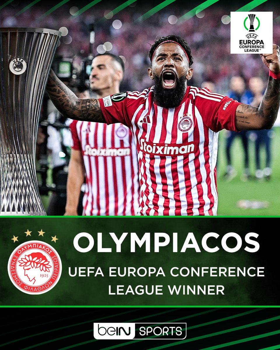 🏆🇬🇷 Congratulations to @olympiacosfc on becoming the first-ever Greek side to win a European title! #beINUECL #UECL #UECLfinal