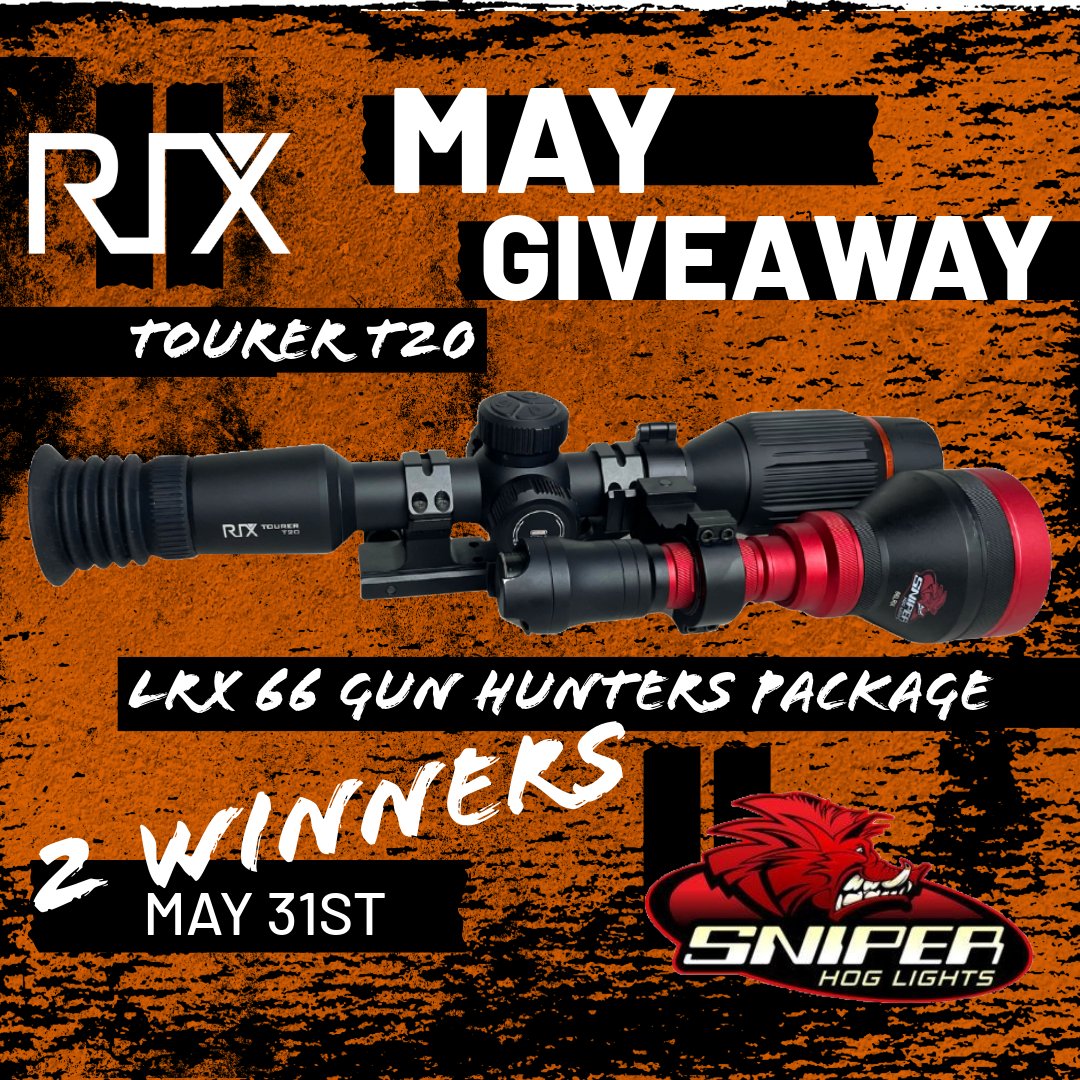 Last 2 days to win a T20 with a LRX 66 Gun Hunters Package from SNIPER HOG LIGHTS. May 31, 8:00 PM CST we announce the winners. 1) Go to rixoptics.com/rix-sniper-hog… 2) Like, follow, share, and visit for more chances to win. Good luck everyone!