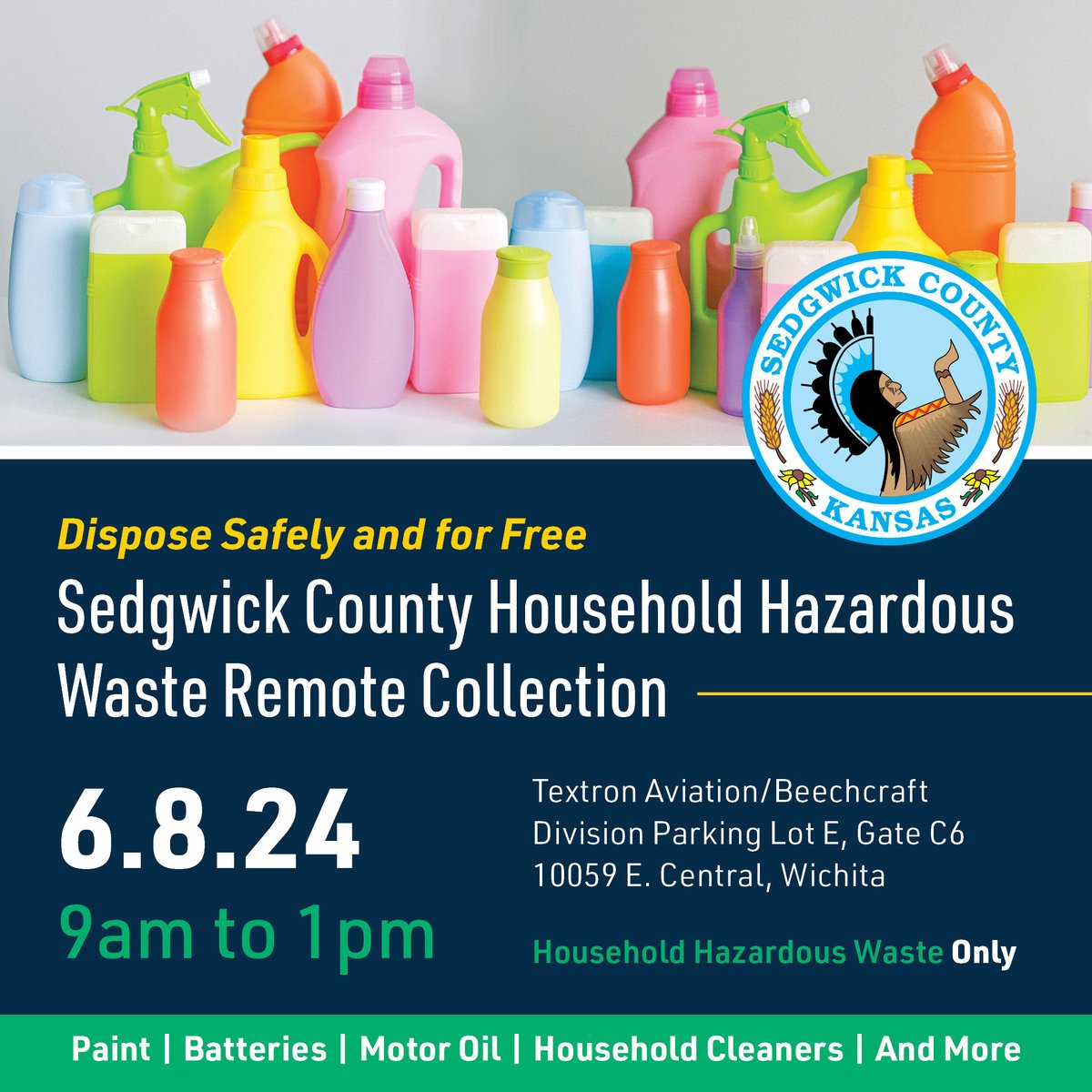 Sedgwick County Household Hazardous Waste Facility will be hosting a Household Hazardous Waste Remote Collection on June 8. Come drop off your used paint, batteries, motor oil, household cleaners and more at 10059 E. Central. For more information: sedgwickcounty.org/environment/ho….