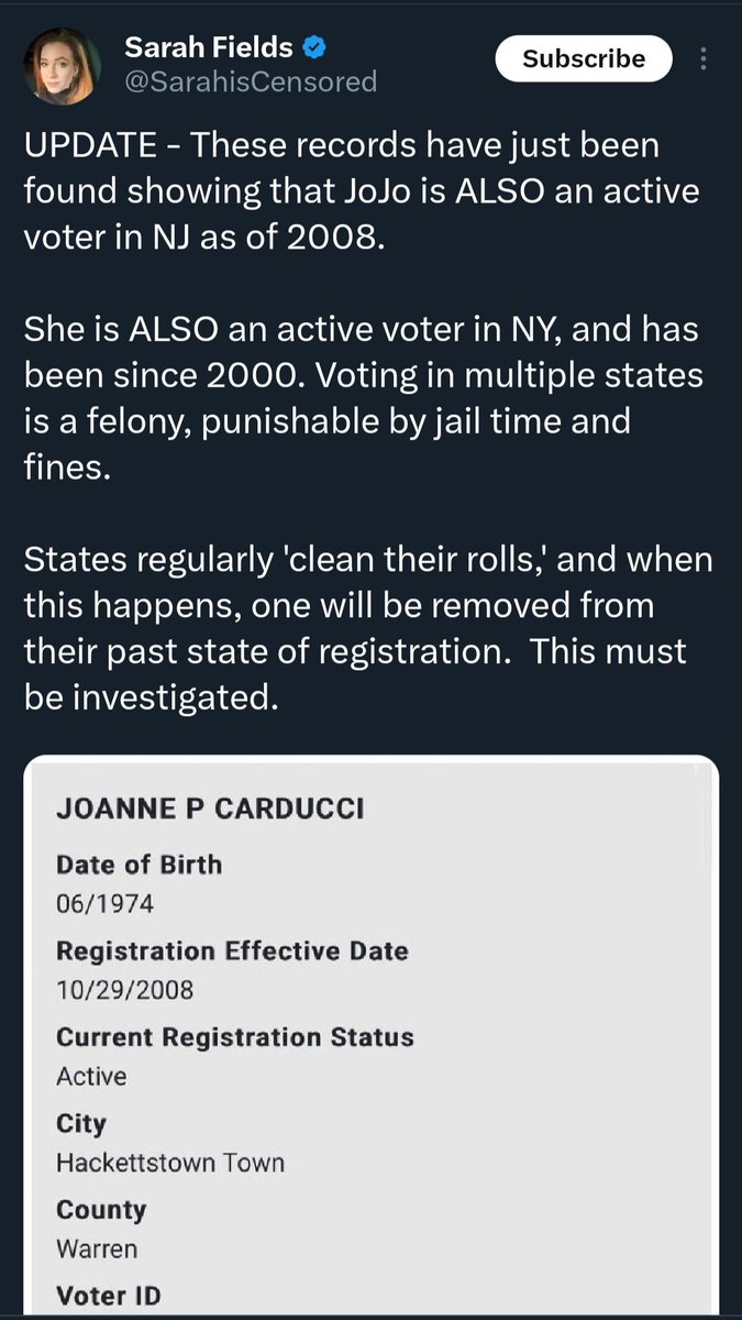 So, it turns out that democrat grifter and cultist @JoJoFromJerz has been committing voter fraud for quite some time. #JoSizzle is trending. The question is, will anything actually happen to her? I doubt it.