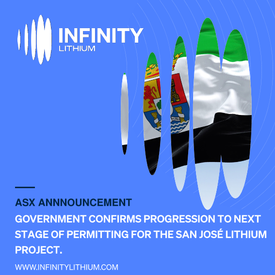 Infinity Lithium (@infinitylithium) on Twitter photo <a href="/InfinityLithium/">Infinity Lithium</a> receives positive assessment from the Regional Government confirming progression through the first stage of the Exploitation Concession Application for the San José #Lithium Project.
See 🔗 for full details of the announcement.
bit.ly/3X1gbkU <a href="/InfinityLithium/">Infinity Lithium</a> receives positive assessment from the Regional Government confirming progression through the first stage of the Exploitation Concession Application for the San José #Lithium Project.
See 🔗 for full details of the announcement.
bit.ly/3X1gbkU